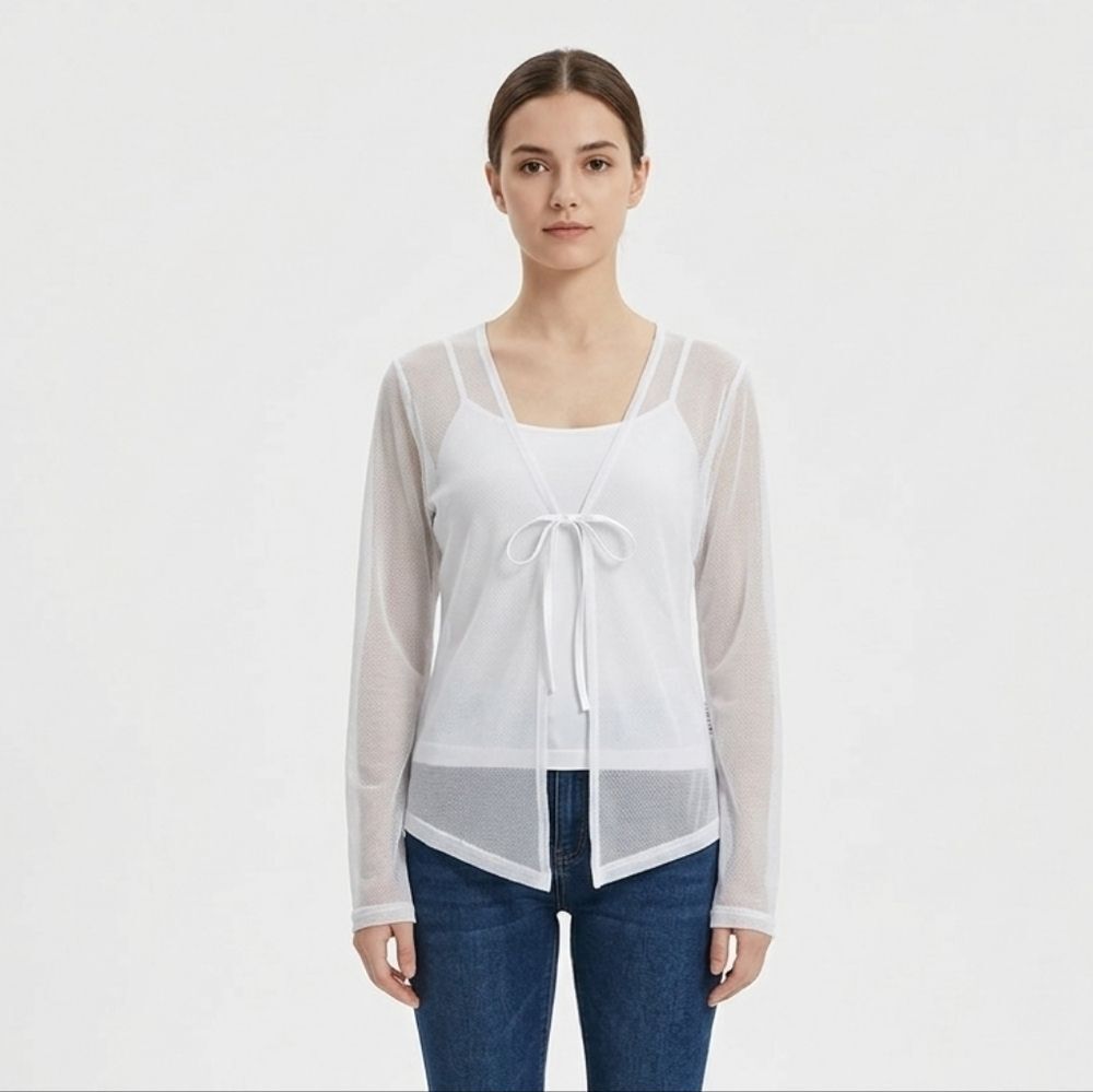 Shany Fashion White Sheer Mesh Tie Front Bolero Shrug Top L Balletcore Sheer